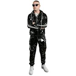 Herren Mode Leder Hoodie Trainingsanzug Patchwork Leder Sweatshirt Hosen Sets Sportanzug, Schwarz , L von Crazynekos