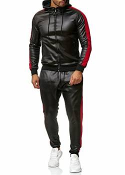 Herren Mode Leder Hoodie Trainingsanzug Patchwork Leder Sweatshirt Hosen Sets Sportanzug, rot, L von Crazynekos