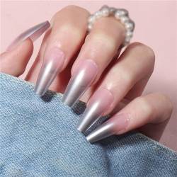 Künstliche Fingernägel, silberfarben, rosa, Farbverlauf, lang, Ballerina, zum Aufdrücken, French Tips, Nagelkunst, Dekoration für Frauen und Mädchen, Maniküre, 24 Stück von Crazynekos