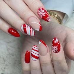 Künstliche Fingernägel für den Winter, Weihnachten, kurze Mandelpresse, französische Spitzen, Nagelkunst-Dekoration für Frauen und Mädchen, Nagelkunst, Maniküre, 24 Stück von Crazynekos