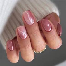 Künstliche Fingernägel für den Winter, kurz, quadratisch, zum Aufdrücken, französische Spitzen, Nagelkunst-Dekoration für Frauen und Mädchen, Maniküre, 24 Stück von Crazynekos