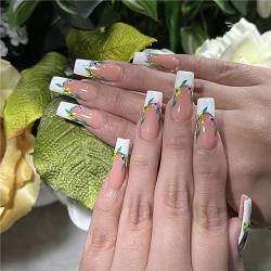 Künstliche Fingernägel mit französischen Blumen, für Herbst und Winter, lang, Ballerina, für Frauen und Mädchen, Nagelkunst, Maniküre, Dekoration, 24 Stück von Crazynekos