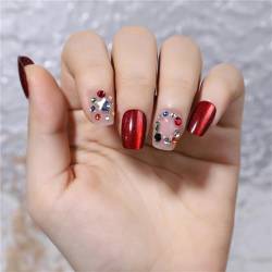 Künstliche Fingernägel mit rotem Katzenauge, kurz, quadratisch, französische Spitzen, Nagelkunst-Dekoration für Frauen und Mädchen, Maniküre, 24 Stück von Crazynekos
