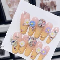 Lange Sarg handgefertigte Nägel Frühlingsblumen drücken auf Nägel gelb French Tips Nail Art Dekoration für Frauen und Mädchen Maniküre 10 Stück (L) von Crazynekos