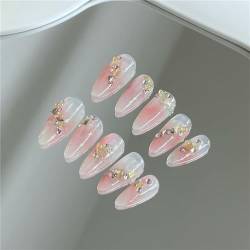 Mandel kurze handgemachte Nägel, süßes Rosa, blühende Strasssteine, zum Aufdrücken auf Nägel, Nagelkunst, Dekoration für Frauen und Mädchen, Maniküre, 10 Stück (D301-M) von Crazynekos