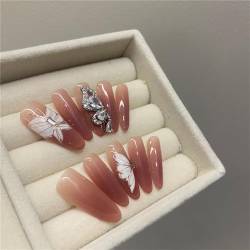 Pink Mandel Lang Handgefertigte Nägel Schmetterling Drücken Sie auf Nägel French Tips Nail Art Dekoration für Frauen und Mädchen Maniküre 10 Stück (M) von Crazynekos