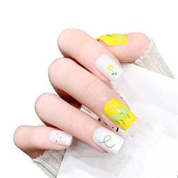 Quadratische künstliche Nägel kurze volle Abdeckung Kleber enthalten French Summer Gelb mit Blumen Drücken auf Nägel 24 Stück Nail Art Tips für Nagelstudios und Frauen DIY Nail Art von Crazynekos