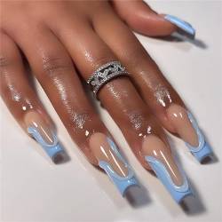 Quadratische lange künstliche Fingernägel, himmelblau, französische Spitzen, zum Aufdrücken auf Nägel für Nagelkunst, Dekoration für Frauen und Mädchen, Maniküre, 24 Stück von Crazynekos