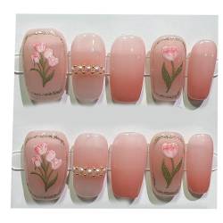 Sarg kurze handgefertigte Nägel rosa Tulpe drücken auf Nägel French Tips Nail Art Dekoration für Frauen und Mädchen Maniküre 10 Stück (M) von Crazynekos