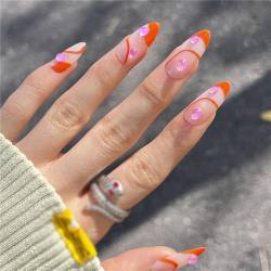 Soild Beads Künstliche Nägel, kurz, Mandel, zum Aufdrücken, Orange, French Tips, Nagelkunst, Dekoration für Frauen und Mädchen, Maniküre, 24 Stück von Crazynekos
