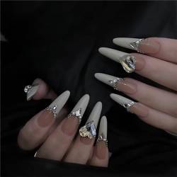Stiletto lange künstliche Nägel mit Strasssteinen, zum Aufdrücken auf Nägel, cremeweiß, französische Spitzen für Nagelkunst, Dekoration für Frauen und Mädchen, Maniküre, 24 Stück von Crazynekos