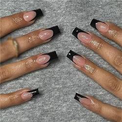 Stilvolle schwarze französische künstliche Nägel, lange Sargspitzen, zum Aufdrücken auf Nägel, für Frauen und Mädchen, Nagelkunst-Dekoration, 24 Stück von Crazynekos