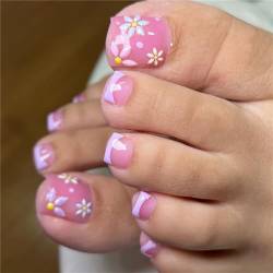 Summer Pink Toe Press on Fake Nails Cute Flowers Print Nail Art Decoration Purple French Pediicure for Women and Girls 24pcs von Crazynekos