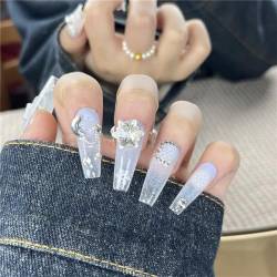 ZJ-L Ballerina lange handgefertigte Nägel Diamant-Schneeflocken zum Aufdrücken auf Nägel, französische Spitzen, Nagelkunst, Dekoration für Frauen und Mädchen, Maniküre, 10 Stück von Crazynekos