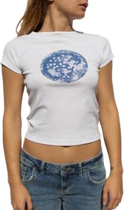 Creaion Y2k grafisches Baby-T-Shirt für Damen, kurzärmelig, Obst-Tapas, bauchfreies Top, Vintage, schmale T-Shirts, ästhetische Sommerkleidung, Disco Ball, Klein von Creaion