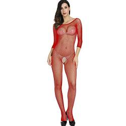 Creamlin Fishnet Body Suit Dessous für Frauen Ärmel Jumpsuit Catsuit Nightwear (rot) von Creamlin