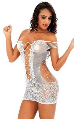 Creamlin Frauen-gestreifte Wäsche-Fischnetz-Minikleid-reizvolle Nachtwäsche Crotchet Ineinander greifen-Aushöhlung Mini Chemise Kleid-Strumpfhosen-Hosenträger (Weiß) von Creamlin