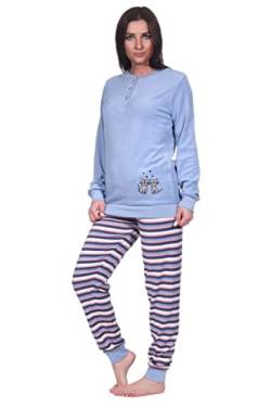 Creative by Normann Damen Frottee Pyjama mit Knopfleiste, Langarm, Uni Oberteil Katzen, Hose in Ringel-Optik, Blau, 69217, Gr. M 40/42 von Creative by Normann