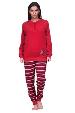 Creative by Normann Damen Frottee Pyjama mit Knopfleiste, Langarm, Uni Oberteil Katzen, Hose in Ringel-Optik, Rot, 69217, Gr. M 40/42 von Creative by Normann