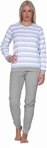 Creative by Normann Damen Frottee Pyjama mit Rundhals, Block-Streifen, Uni Hose, Blau, 69612, Gr. XL 48/50 von Creative by Normann