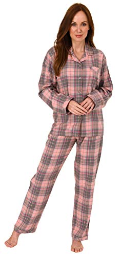 Damen Flanell Pyjama Schlafanzug kariert mit Knopfleiste und Hemdkragen - 202 201 15 600, Farbe:Karo grau, Größe:44/46 von Creative by Normann