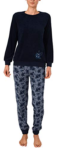 Damen Frottee Pyjama Langarm Schlafanzug mit Bündchen in eleganter floraler Optik - 63695, Farbe:Marine, Größe:36-38 von Creative by Normann