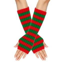 Cremlank Weiche warme Handschuhe, 1 Paar, gemütliche gestreifte Wollhandschuhe, Geschenk, mittellang, Herbst, Weihnachten, halten warme Handschuhe für Winterferien, rot, grün, One size von Cremlank