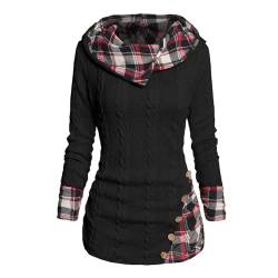 Winter Mittellanger Hoodie Vintage Patchwork Plaid Twist Knit Pullover Casual Langarm Kapuze Stricken Sweatshirt für Frauen Herbst Weiche Farbe Pullover Schwarz S von Cremlank