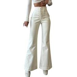 CreoQIJI Bike Hose Damen-Schlaghose aus Kunstleder, hohe Taille, Schnürung vorne, PU-, Schlaghose, Dehnbare Leggings mit weitem Bein Lederhose Damen 40 (White, L) von CreoQIJI