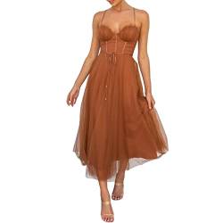 CreoQIJI Langes Kleid Elegant Europäisches und amerikanisches neues Temperament Sexy -Mesh-Party-Abendkleid Kleid Kurzes Schwarzes Kleid (Brown, S) von CreoQIJI