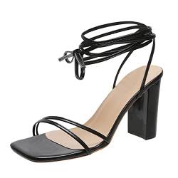 CreoQIJI Schuhe Damen Schuhe Sommer einfarbig Ankle Strap Chunky High Heel Sandalen Damen Lauf Schuhe (Black, 37) von CreoQIJI