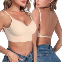 Crewhpo Damen Rückenfrei BH Ohne Bügel Rückenfreier Bra mit V-Ausschnit Bügelloser Bustier Push Up Bralette mit Niedrigem Rücken Invisible mit Abnehmbaren Trägern S-XL von Crewhpo