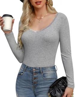 Crewhpo Langarmshirts für Damen mit Spitze Oberteile Sexy mit Tiefem Ausschnitt Basic Top für Frauen V-Ausschnitt Einfarbiges Shirts Langarm Damen Grau von Crewhpo