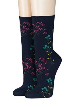 Crönert Damen Socken mit Rollrand zarte Blüten 18201 Gr. 39-42, marine von Crönert