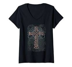 Damen Vintage Keltisches Kreuz T-Shirt mit V-Ausschnitt von Cross