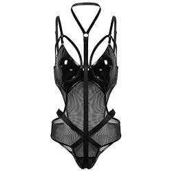 Crubelon Damen Wetlook Dessous Leder Bodysuit Mesh Patchwork Neckholder High Cut Leotard Bodysuit Clubwear, Schwarz, XXL von Crubelon