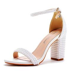 7,6 cm Blockabsatz-Sandalen für Damen, dick, klobige Absätze, Peep-Toe, Hochzeitssandalen, volle Perlen, weiße Spitzensandalen für Hochzeit, Party, Geburtstag und Abendschuhe, Strass-Stil, 39 EU von Crystal Queen