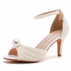 Crystal Queen 7,6 cm Stiletto Heels Perlen Sandalen Peep Toe Braut Hochzeit Party Kleid Schuhe Damen Knöchelriemen Sandalen, Cremeweiß, 40 EU von Crystal Queen