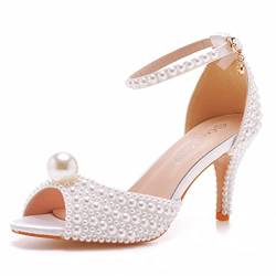 Crystal Queen 7,6 cm Stiletto Heels Perlen Sandalen Peep Toe Braut Hochzeit Party Kleid Schuhe Damen Knöchelriemen Sandalen, Weiß, 7,6 cm, 39 EU von Crystal Queen