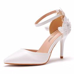 Damen High Heel Pumps Spitze Geschlossene Zehen Sandalen Weiß Spitze Perlen Riemen Stiletto Heels Braut Hochzeit Party Schuhe, 9,5 cm Absatz, 40 EU von Crystal Queen