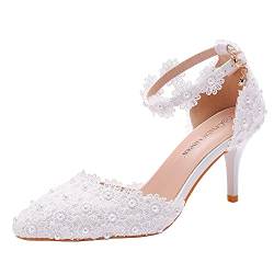 Damen High Heels Sandalen Weiß Spitze Perlen Hochzeit Schuhe Spitze Spitze Zehen Brautschuhe, Weiß (7,5 cm, weiß), 37 EU von Crystal Queen