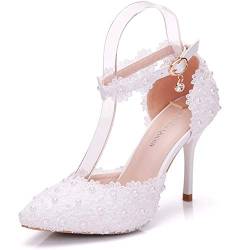 Damen High Heels Sandalen Weiß Spitze Perlen Hochzeit Schuhe Spitze Spitze Zehen Brautschuhe, Weiß (9,5 cm, weiß), 39 EU von Crystal Queen