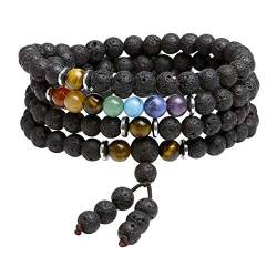 CrystalTears 108 Perlen Mala Kette 6mm Stein Wickelarmband Chakra Armband Healing Reiki Edelstein Yoga Armreif Buddha Gebetskette Halskette (Lava Stein) von CrystalTears