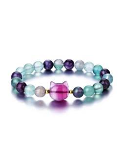 CrystalTears Flourit Armband Damen 8mm Beads Perlenarmband Damen mit süße Katze Reiki Talisman spirituelle Geschenke von CrystalTears