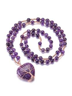 CrystalTears Lebensbaum Kette 6mm Amethyst Perlenkette mit Herz Anhänger Reiki Talisman spirituelle Geschenke von CrystalTears