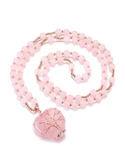 CrystalTears Lebensbaum Kette 6mm Rosenquarz Perlenkette mit Herz Anhänger Reiki Talisman spirituelle Geschenke von CrystalTears