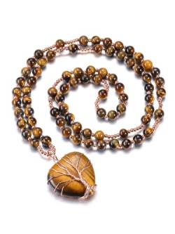 CrystalTears Lebensbaum Kette 6mm Tigerauge Perlenkette mit Herz Anhänger Reiki Talisman spirituelle Geschenke von CrystalTears