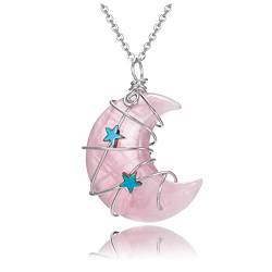 CrystalTears Mond Kette Damen Sterne wickelt Rosenquarz Neumond Anhänger mit verstellbare Halskette Healing Reiki Kristalle Halsschmuck von CrystalTears