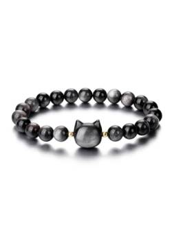 CrystalTears silberner Obsidian Armband Damen 8mm Beads Perlenarmband Damen mit süße Katze Reiki Talisman spirituelle Geschenke von CrystalTears
