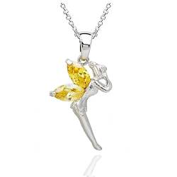 Crystalline Azuria Fee Tinkerbell Halskette Anhänger mit Gelber simulierter Citrin Zirkonia Kristalle 18 kt Weiß Vergoldet 45 cm von Crystalline Azuria